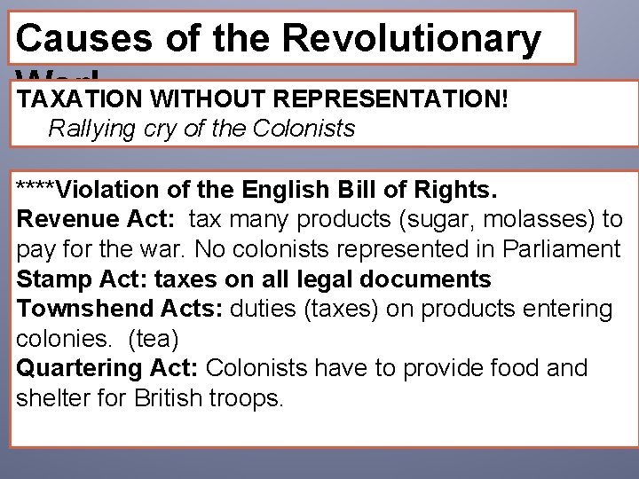 Causes of the Revolutionary War! TAXATION WITHOUT REPRESENTATION! Rallying cry of the Colonists ****Violation
