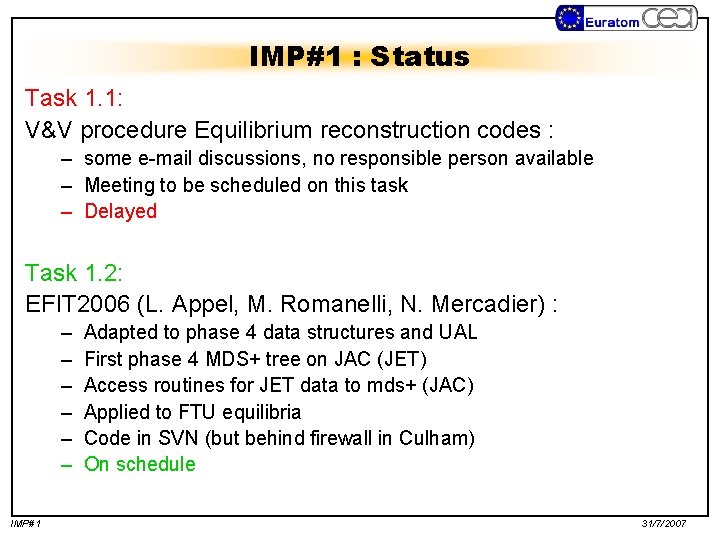 IMP#1 : Status Task 1. 1: V&V procedure Equilibrium reconstruction codes : – some