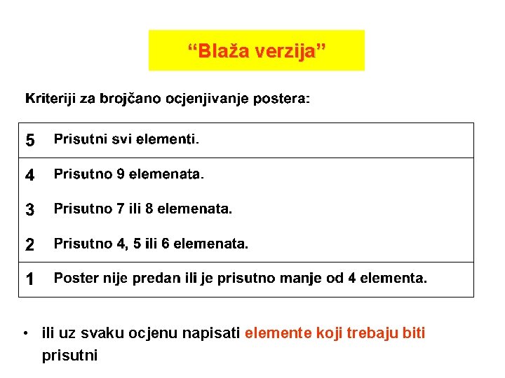 “Blaža verzija” • ili uz svaku ocjenu napisati elemente koji trebaju biti prisutni 