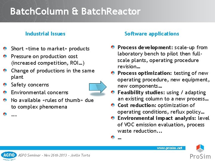 Batch. Column & Batch. Reactor Industrial Issues Short «time to market» products Pressure on