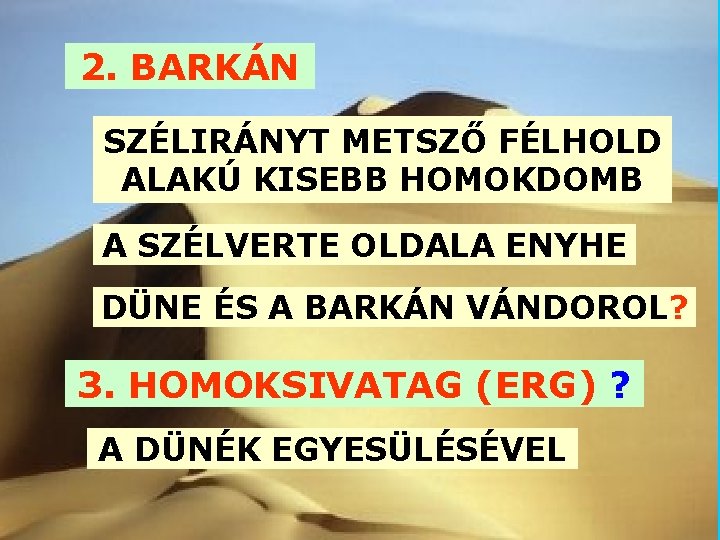 2. BARKÁN SZÉLIRÁNYT METSZŐ FÉLHOLD ALAKÚ KISEBB HOMOKDOMB A SZÉLVERTE OLDALA ENYHE DÜNE ÉS