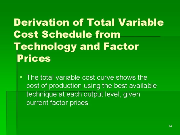 Derivation of Total Variable Cost Schedule from Technology and Factor Prices § The total