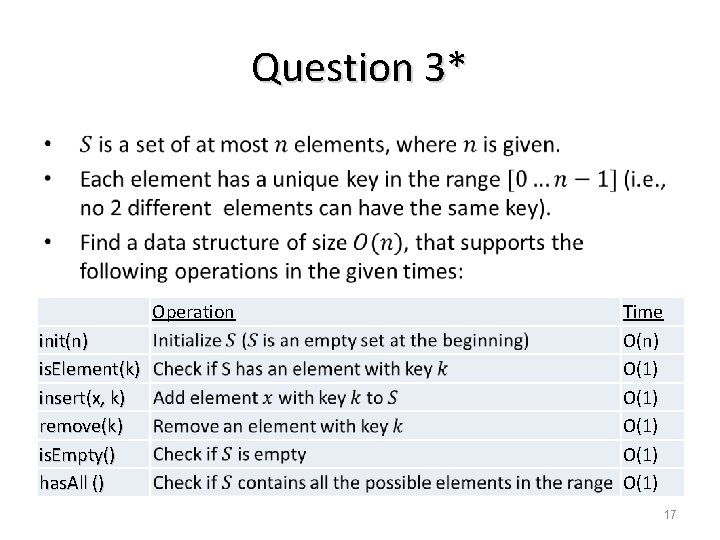 Question 3* Operation init(n) is. Element(k) insert(x, k) remove(k) is. Empty() has. All ()