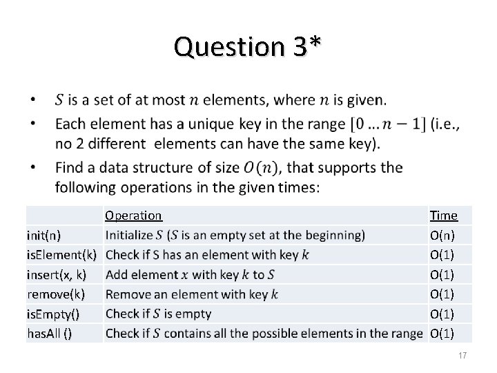 Question 3* Operation init(n) is. Element(k) insert(x, k) remove(k) is. Empty() has. All ()