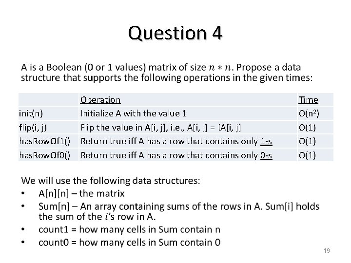 Question 4 init(n) flip(i, j) has. Row. Of 1() has. Row. Of 0() Operation