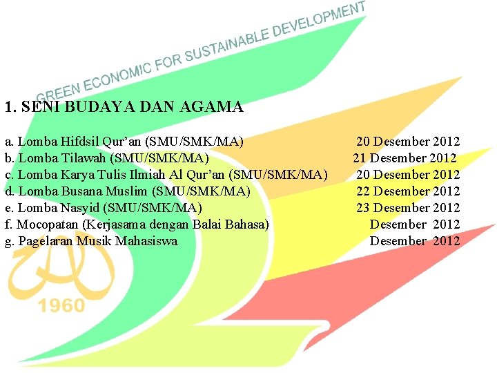 1. SENI BUDAYA DAN AGAMA a. Lomba Hifdsil Qur’an (SMU/SMK/MA) b. Lomba Tilawah (SMU/SMK/MA)