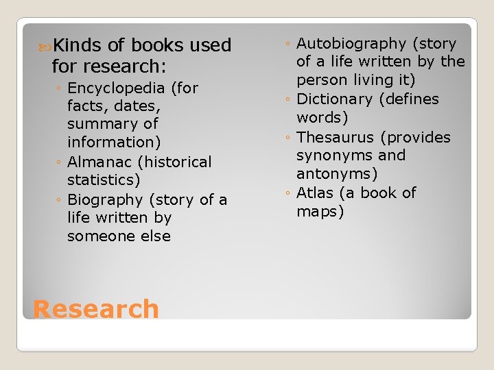  Kinds of books used for research: ◦ Encyclopedia (for facts, dates, summary of