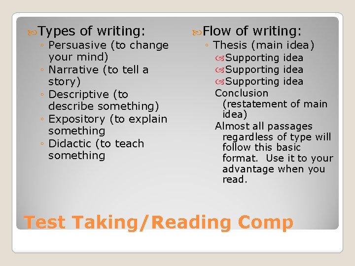  Types of writing: ◦ Persuasive (to change your mind) ◦ Narrative (to tell