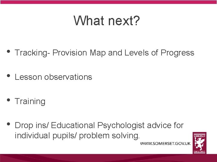 What next? • Tracking- Provision Map and Levels of Progress • Lesson observations •