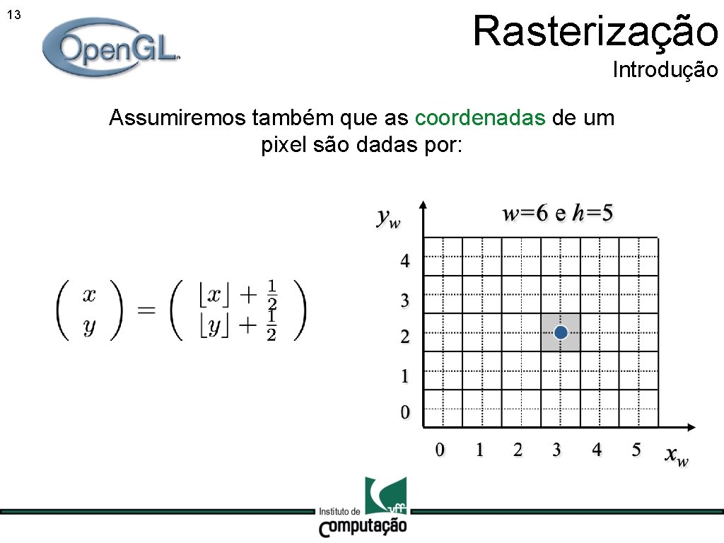 13 Rasterização Introdução Assumiremos também que as coordenadas de um pixel são dadas por: