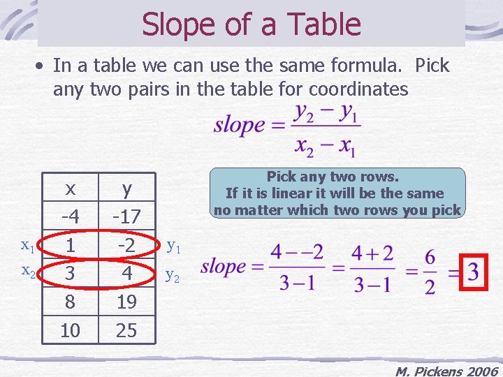 Slope of a Table • In a table we can use the same formula.