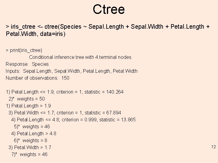 Ctree > iris_ctree <- ctree(Species ~ Sepal. Length + Sepal. Width + Petal. Length