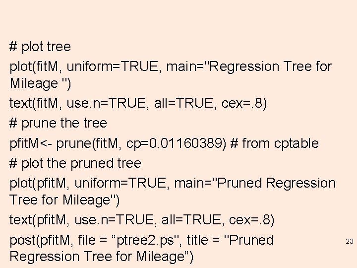 # plot tree plot(fit. M, uniform=TRUE, main="Regression Tree for Mileage ") text(fit. M, use.