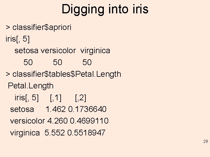 Digging into iris > classifier$apriori iris[, 5] setosa versicolor virginica 50 50 50 >