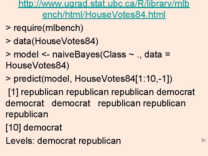 http: //www. ugrad. stat. ubc. ca/R/library/mlb ench/html/House. Votes 84. html > require(mlbench) > data(House.