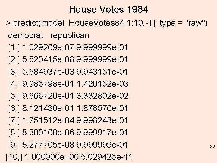 House Votes 1984 > predict(model, House. Votes 84[1: 10, -1], type = "raw") democrat