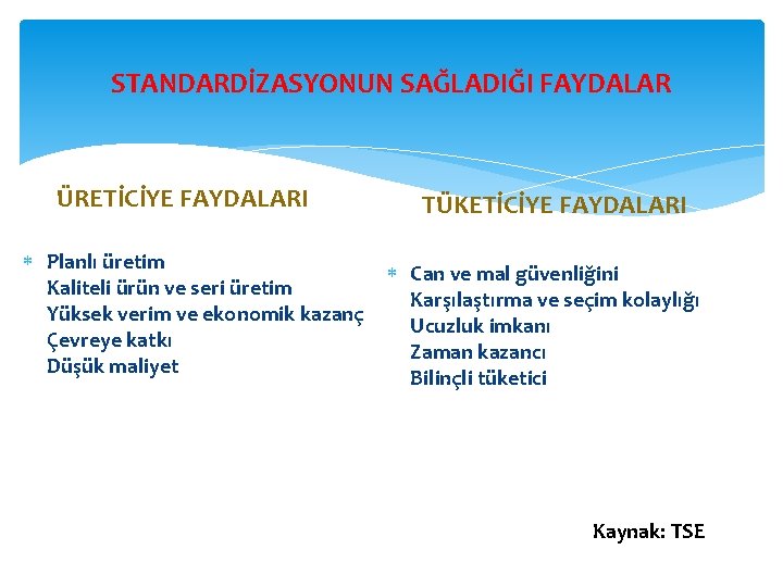 STANDARDİZASYONUN SAĞLADIĞI FAYDALAR ÜRETİCİYE FAYDALARI Planlı üretim Kaliteli ürün ve seri üretim Yüksek verim