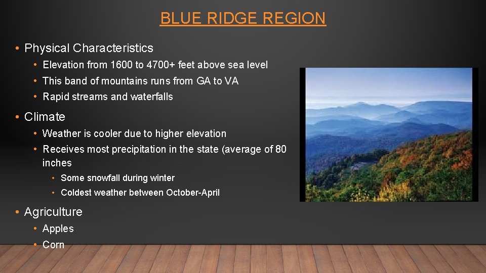 BLUE RIDGE REGION • Physical Characteristics • Elevation from 1600 to 4700+ feet above