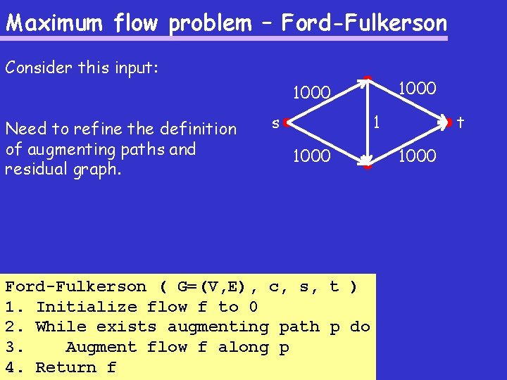 Maximum flow problem – Ford-Fulkerson Consider this input: 1000 Need to refine the definition