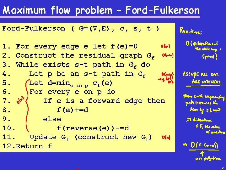Maximum flow problem – Ford-Fulkerson ( G=(V, E), c, s, t ) 1. For