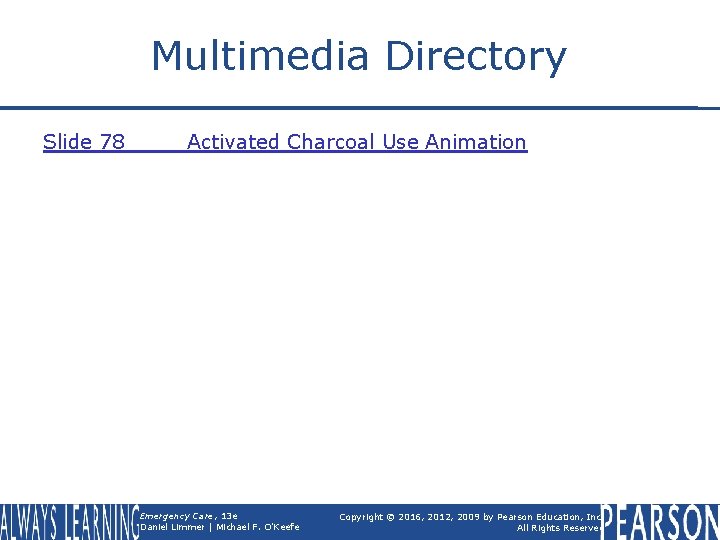 Multimedia Directory Slide 78 Activated Charcoal Use Animation Emergency Care, 13 e Daniel Limmer