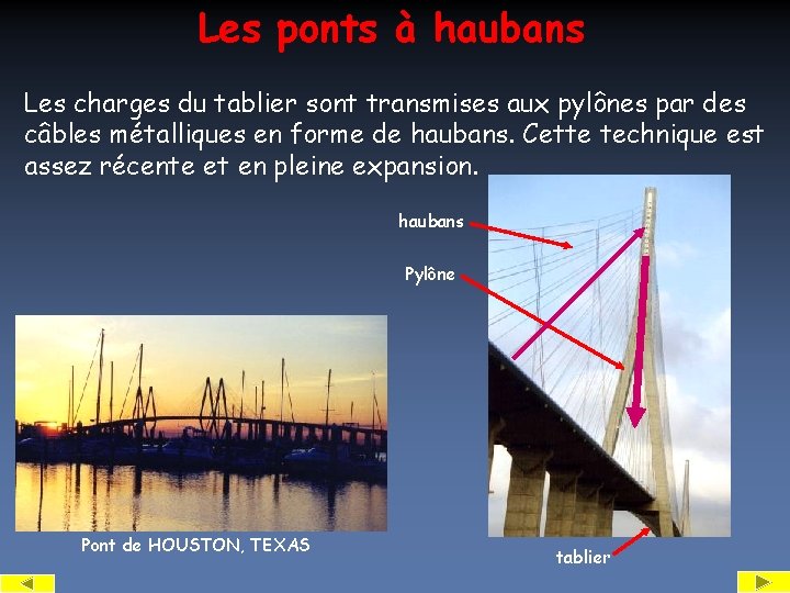 Les ponts à haubans Les charges du tablier sont transmises aux pylônes par des