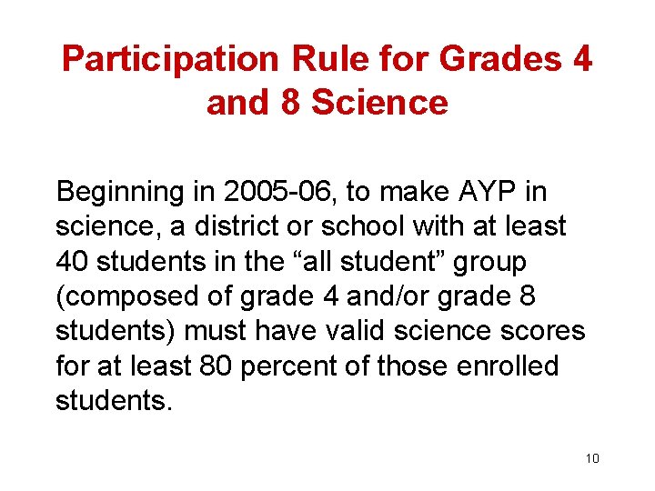 Participation Rule for Grades 4 and 8 Science Beginning in 2005 -06, to make