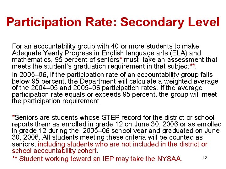 Participation Rate: Secondary Level For an accountability group with 40 or more students to