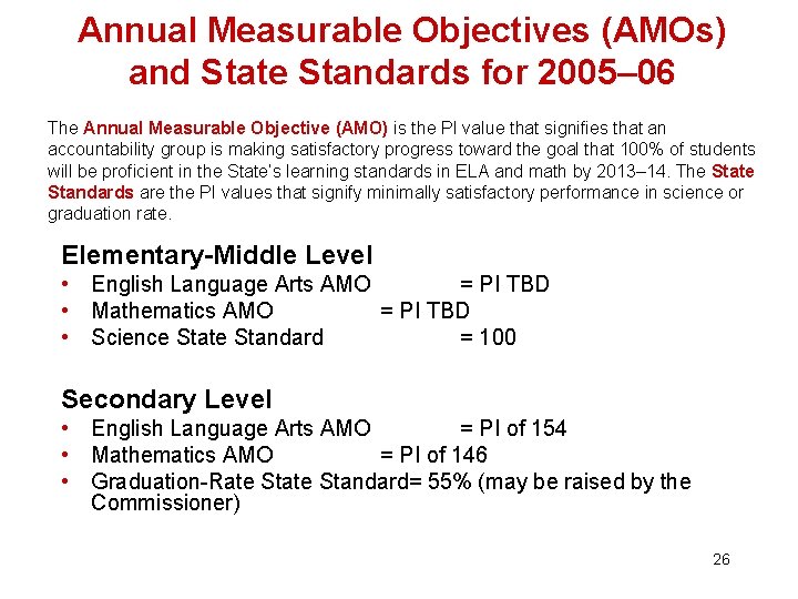 Annual Measurable Objectives (AMOs) and State Standards for 2005– 06 The Annual Measurable Objective