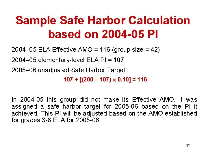 Sample Safe Harbor Calculation based on 2004 -05 PI 2004– 05 ELA Effective AMO
