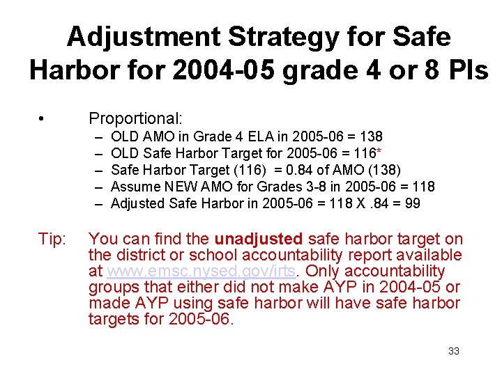 Adjustment Strategy for Safe Harbor for 2004 -05 grade 4 or 8 PIs •