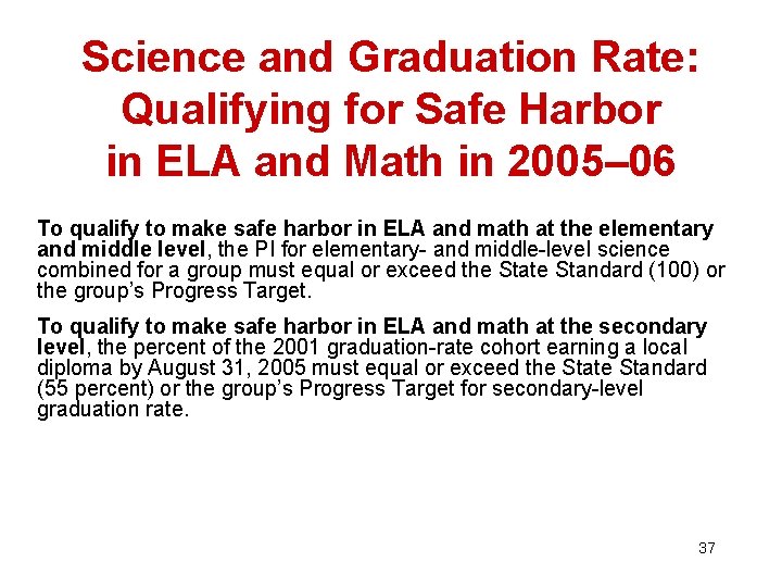 Science and Graduation Rate: Qualifying for Safe Harbor in ELA and Math in 2005–