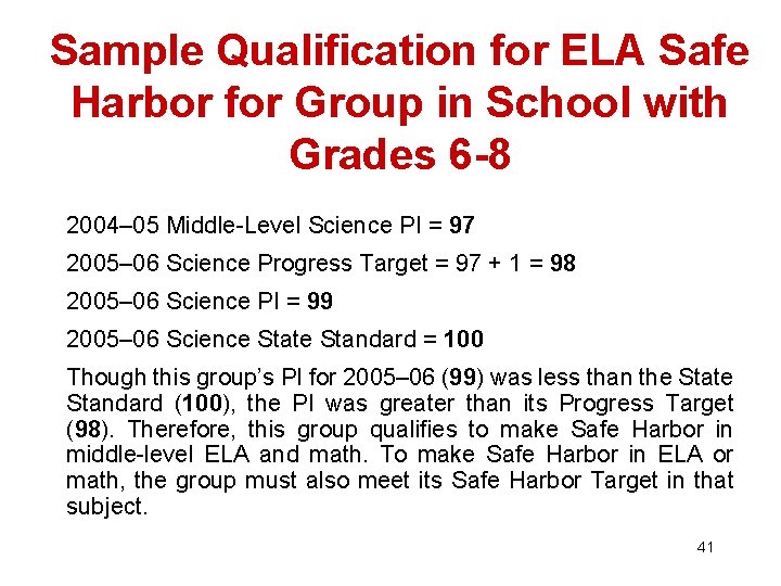 Sample Qualification for ELA Safe Harbor for Group in School with Grades 6 -8