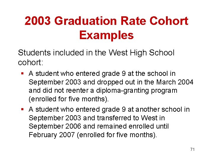 2003 Graduation Rate Cohort Examples Students included in the West High School cohort: §