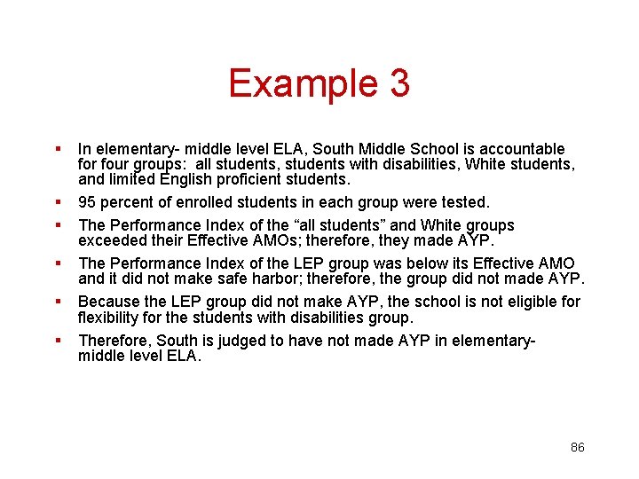 Example 3 § § § In elementary- middle level ELA, South Middle School is