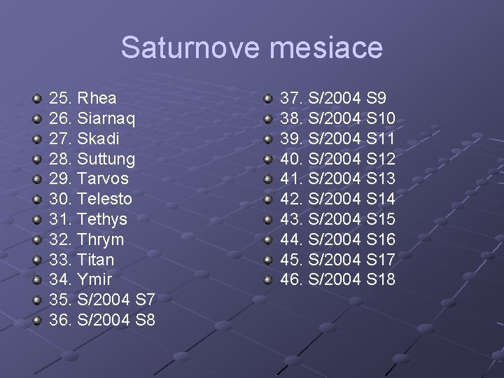 Saturnove mesiace 25. Rhea 26. Siarnaq 27. Skadi 28. Suttung 29. Tarvos 30. Telesto