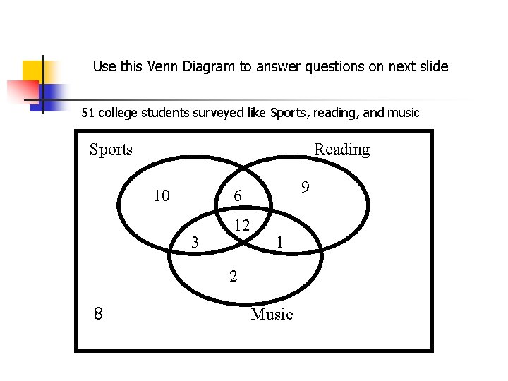 Use this Venn Diagram to answer questions on next slide 51 college students surveyed Use this Venn Diagram to answer questions on next slide 51 college students surveyed