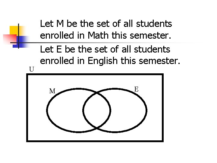 U Let M be the set of all students enrolled in Math this semester. U Let M be the set of all students enrolled in Math this semester.