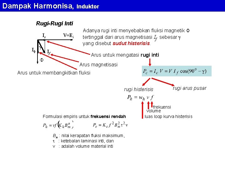Dampak Harmonisa, Induktor Rugi-Rugi Inti Ic I V=Ei Adanya rugi inti menyebabkan fluksi magnetik