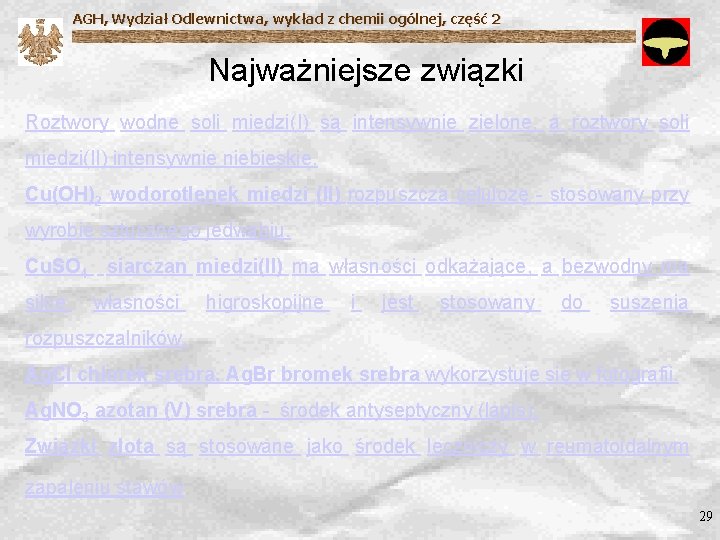 AGH, Wydział Odlewnictwa, wykład z chemii ogólnej, część 2 Najważniejsze związki Roztwory wodne soli