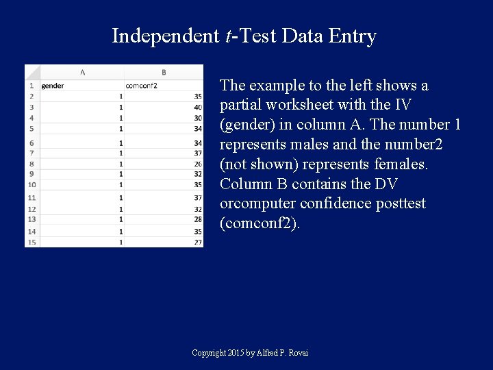 Independent t-Test Data Entry The example to the left shows a partial worksheet with