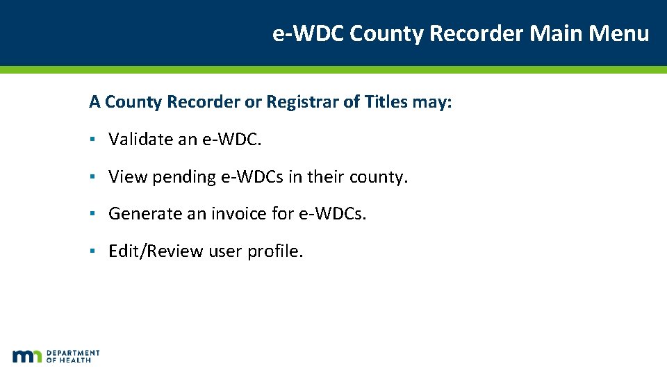 e-WDC County Recorder Main Menu A County Recorder or Registrar of Titles may: ▪ e-WDC County Recorder Main Menu A County Recorder or Registrar of Titles may: ▪