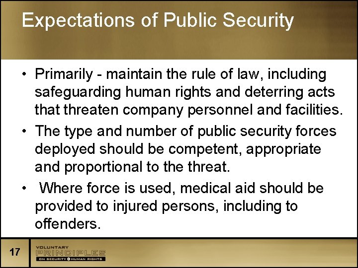 Expectations of Public Security • Primarily - maintain the rule of law, including safeguarding