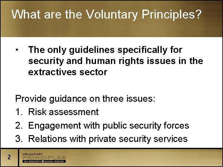 What are the Voluntary Principles? • The only guidelines specifically for security and human