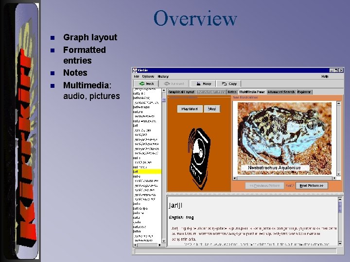 Overview n n Graph layout Formatted entries Notes Multimedia: audio, pictures 