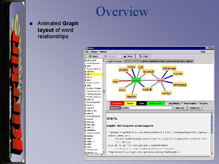 Overview n Animated Graph layout of word relationships 