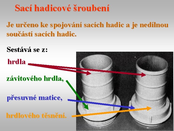 Sací hadicové šroubení Je určeno ke spojování sacích hadic a je nedílnou součástí sacích