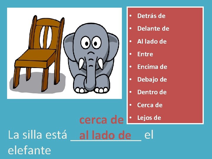 • Detrás de • Delante de • Al lado de • Entre • • Detrás de • Delante de • Al lado de • Entre •