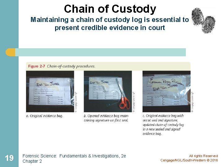 Chain of Custody Maintaining a chain of custody log is essential to present credible