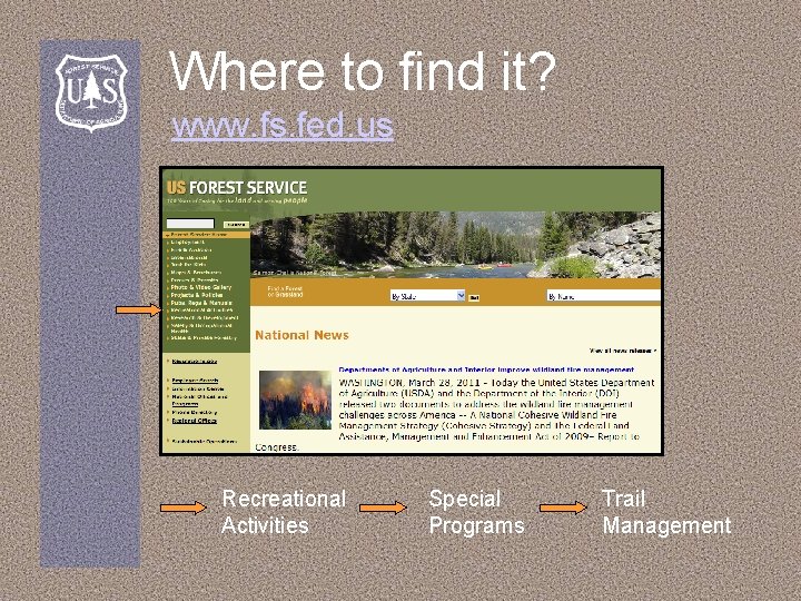 Where to find it? www. fs. fed. us Recreational Activities Special Programs Trail Management